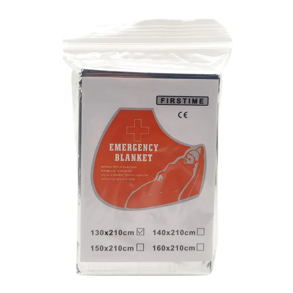 Manta aluminizada de emergencia plata en empaque individual, protección térmica para primeros auxilios