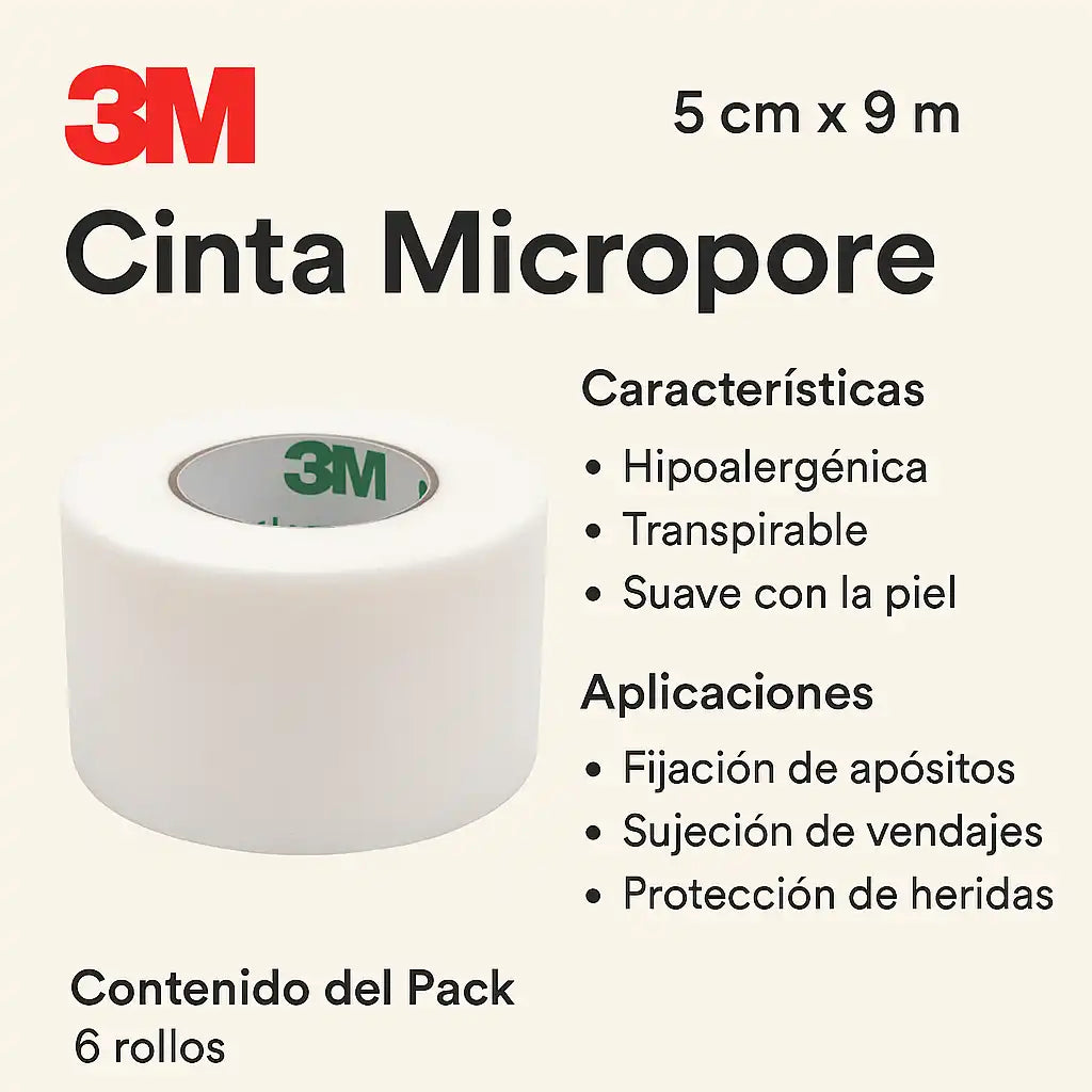 Infografía de la cinta Micropore 3M de 5 cm x 9 m pack de 6 unidades, con características y aplicaciones principales.
