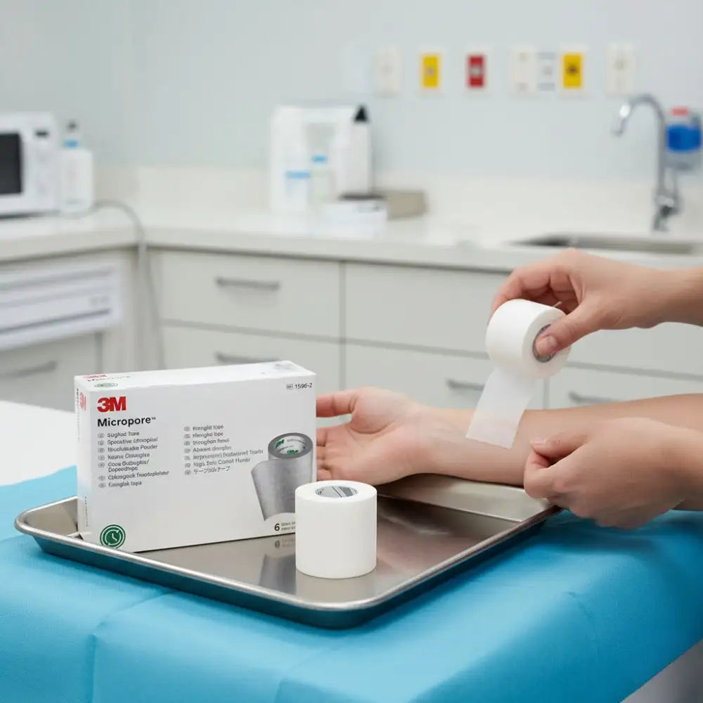 Aplicación de cinta Micropore 3M 5 cm en un entorno clínico, junto a la caja del pack de 6 unidades.