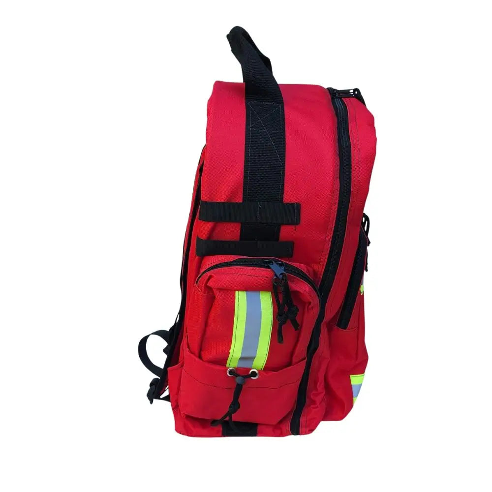 Mochila de rescate médico roja 45L vista frontal con reflectantes