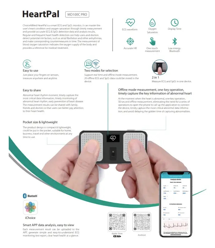 Monitor ECG portátil ChoiceMMed MD100C con ficha técnica y conexión a app móvil