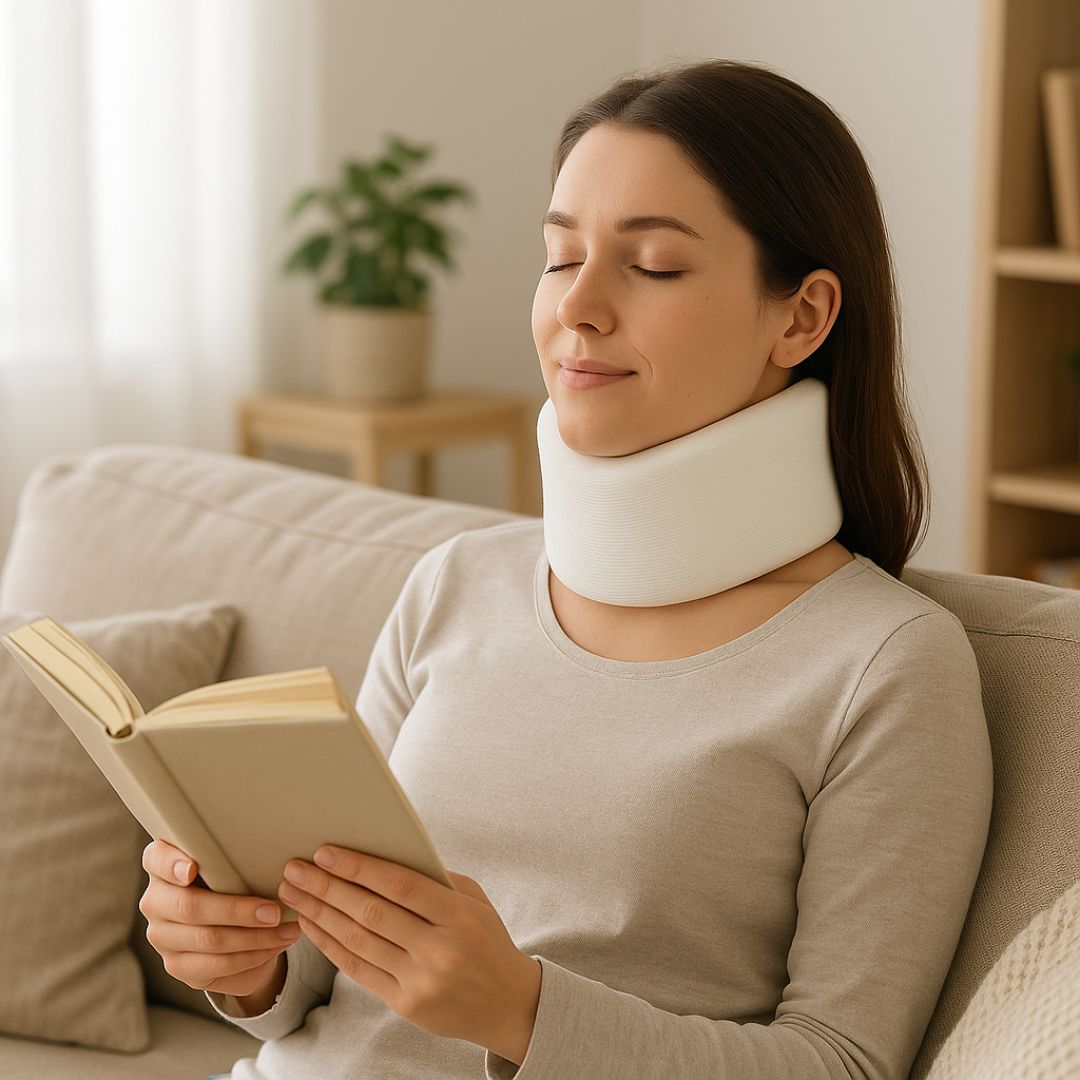 Mujer joven descansando en casa mientras usa un collarín cervical blando, ideal para aliviar el dolor de cuello causado por malas posturas o lesiones leves. Imagen comercial del producto en uso real.