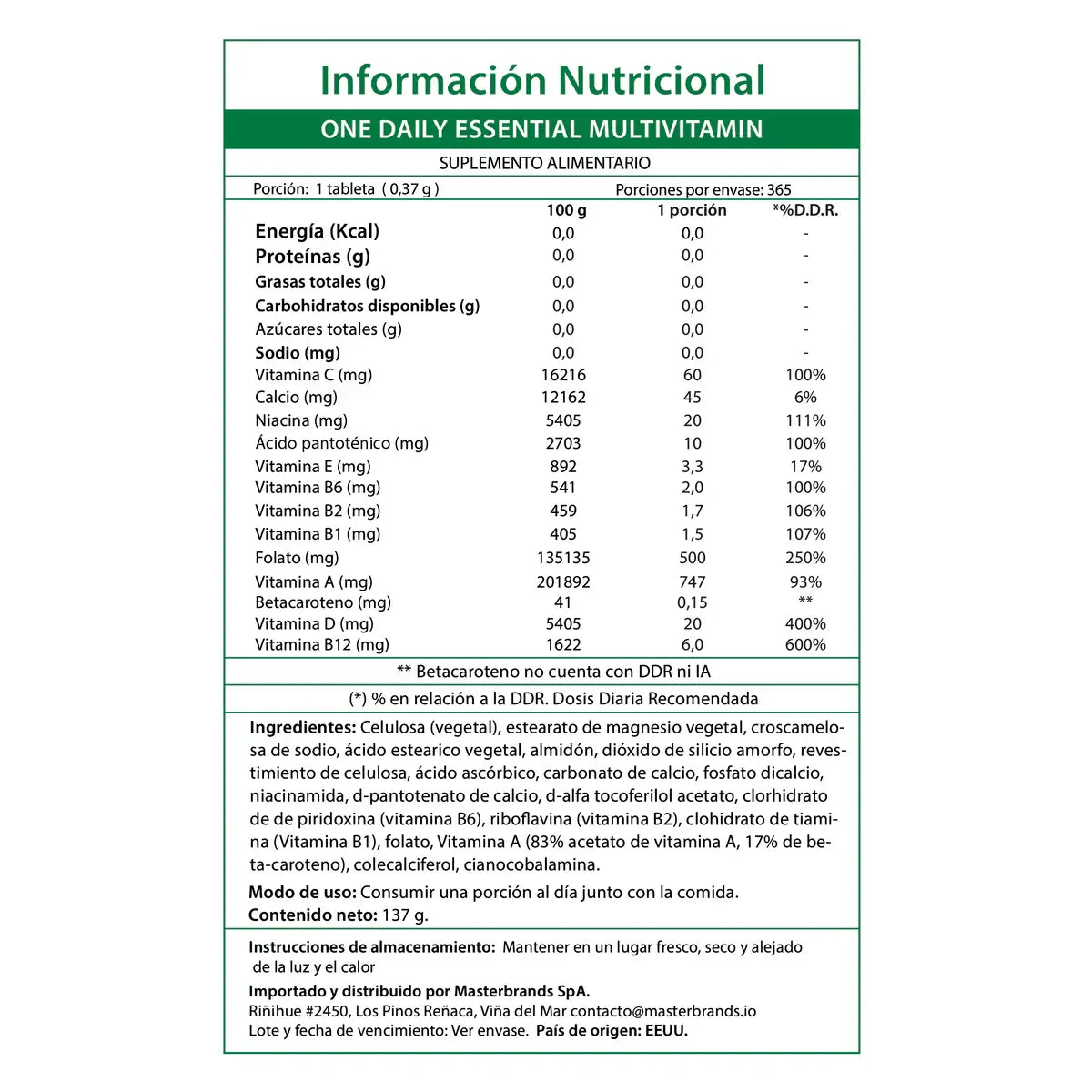 Multivitamínico One Daily 365 mini tablets VALUE SIZE - High Potency 1 año completo energía huesos inmune Chile