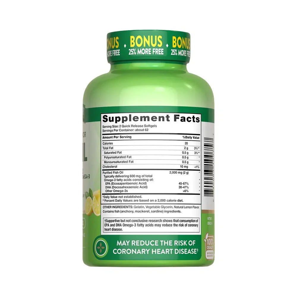 Omega-3 Fish Oil 2000mg 125 cápsulas bonus - Tabla nutricional frontal EPA DHA corazón cerebro