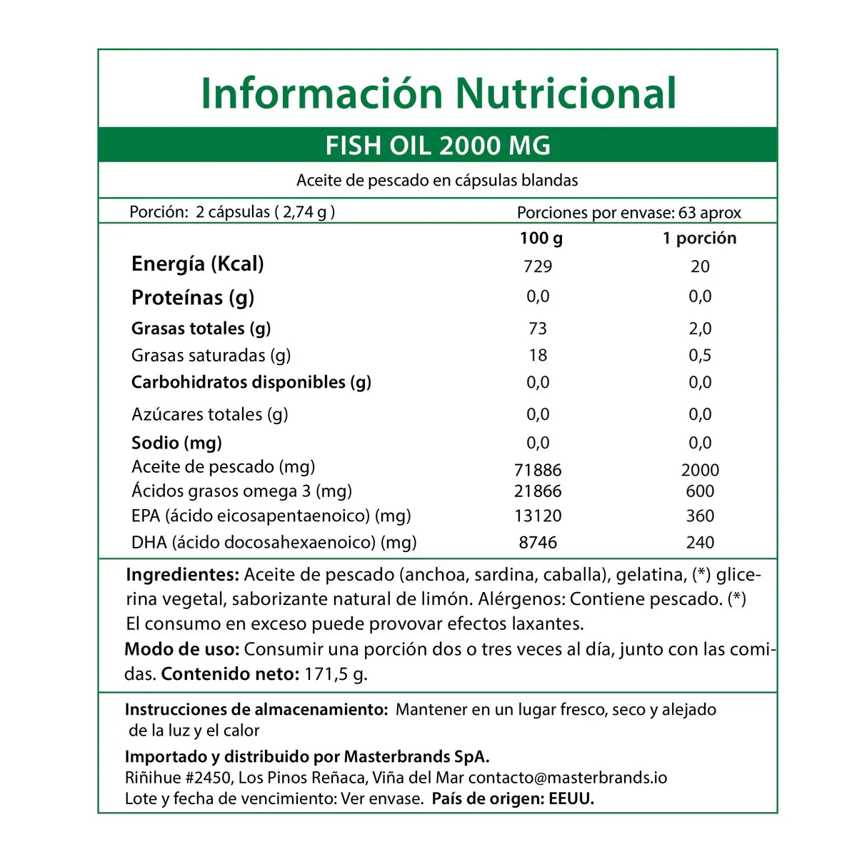 Información nutricional Omega-3 2000mg Chile - EPA 360mg DHA 240mg tabla español 63 porciones
