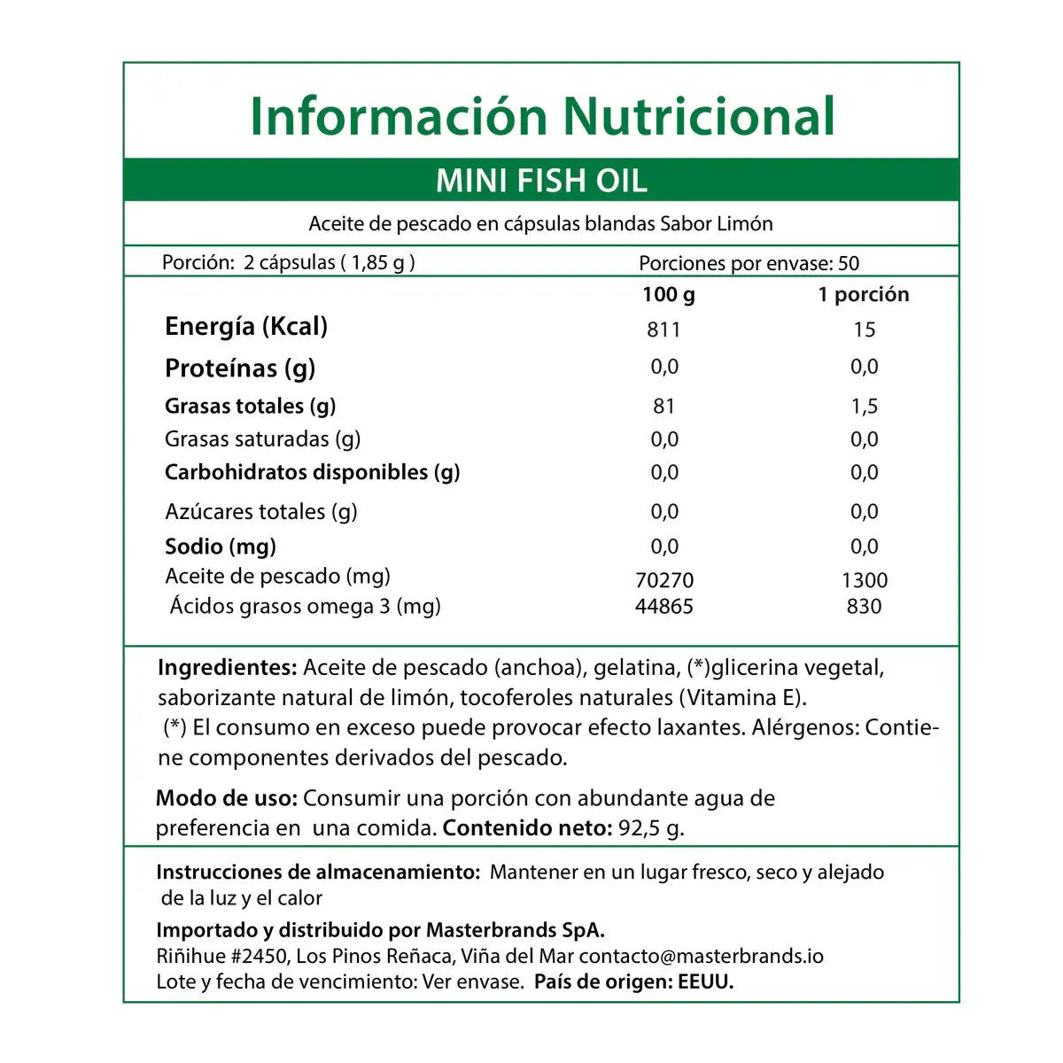 Información nutricional Omega-3 Mini Fish Oil Chile - 1300mg aceite pescado 830mg Omega-3 50 porciones