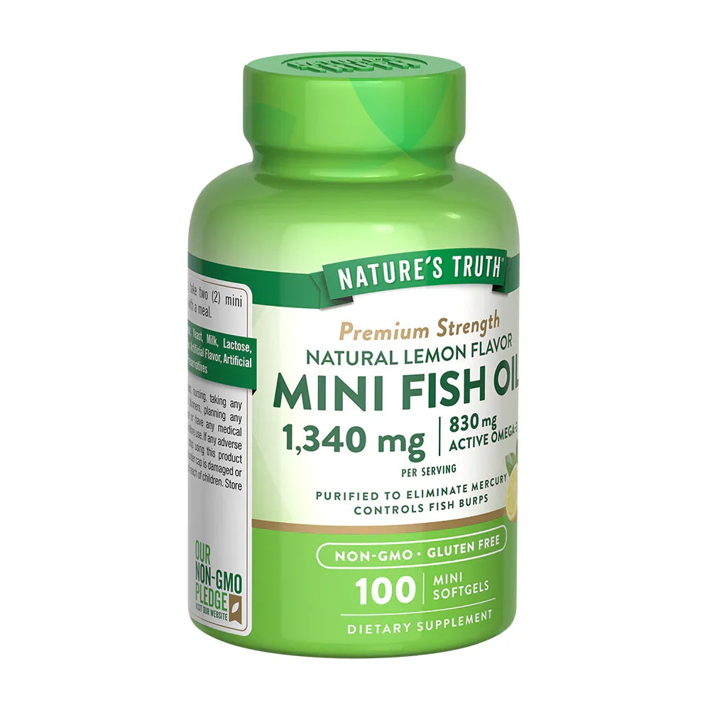 Omega-3 Mini Fish Oil 1340mg vista lateral - Purificado elimina mercurio controla eructo pescado sabor limón