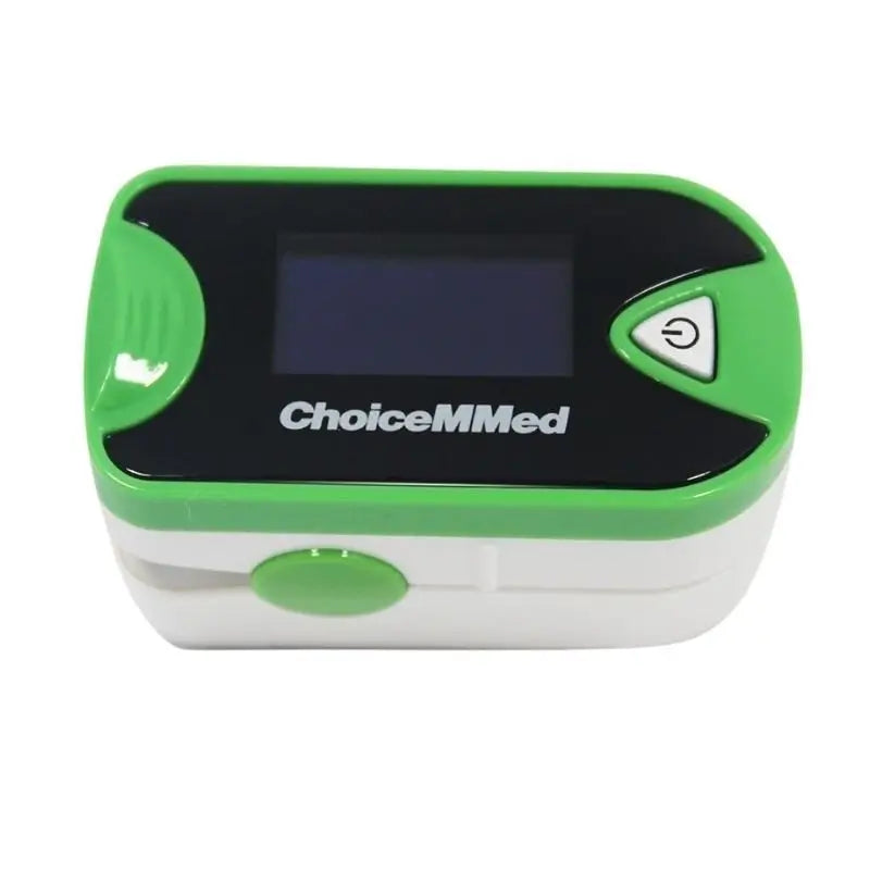 Oxímetro de pulso ChoiceMMed verde con pantalla digital LCD y botón de encendido