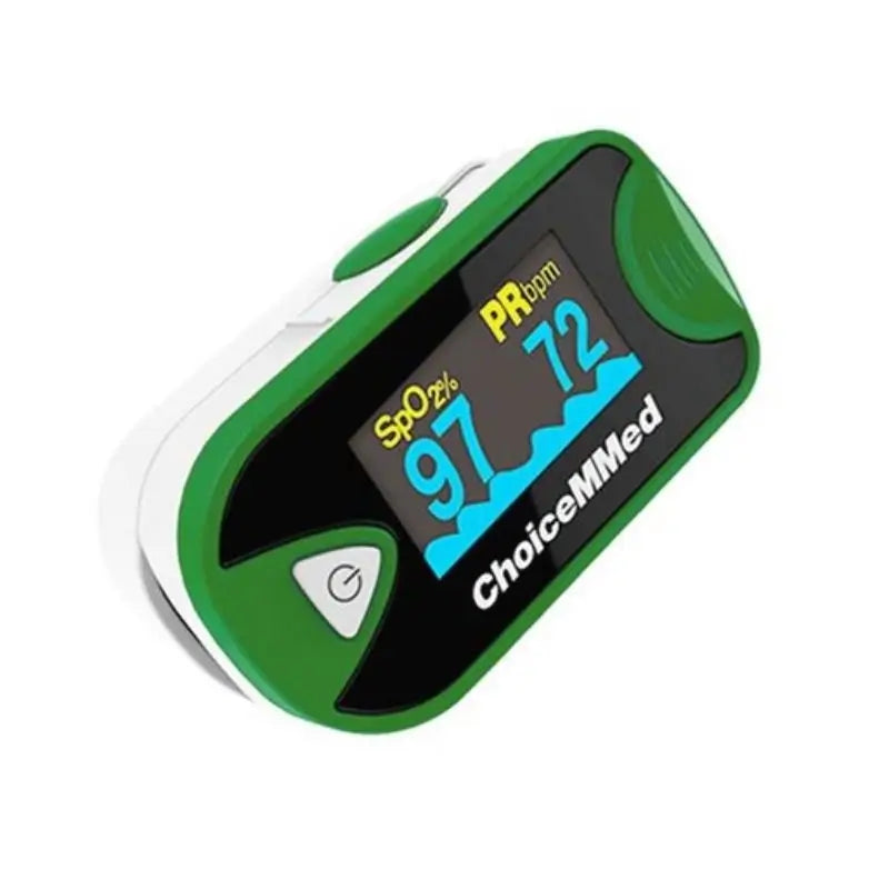 Oxímetro de pulso ChoiceMMed vista lateral con diseño compacto y pantalla digita