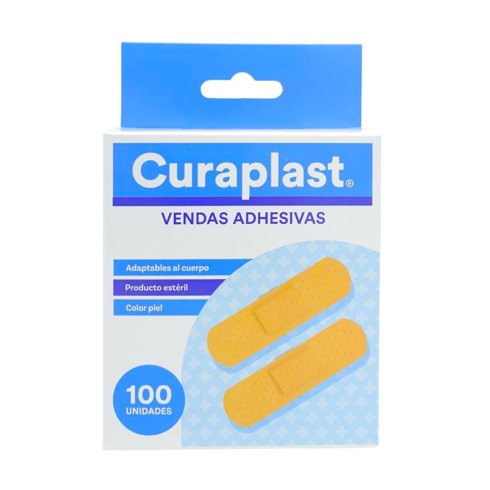 Parches curita Curaplast vendas adhesivas caja 100 unidades empaque frontal con certificaciones FDA ISO
