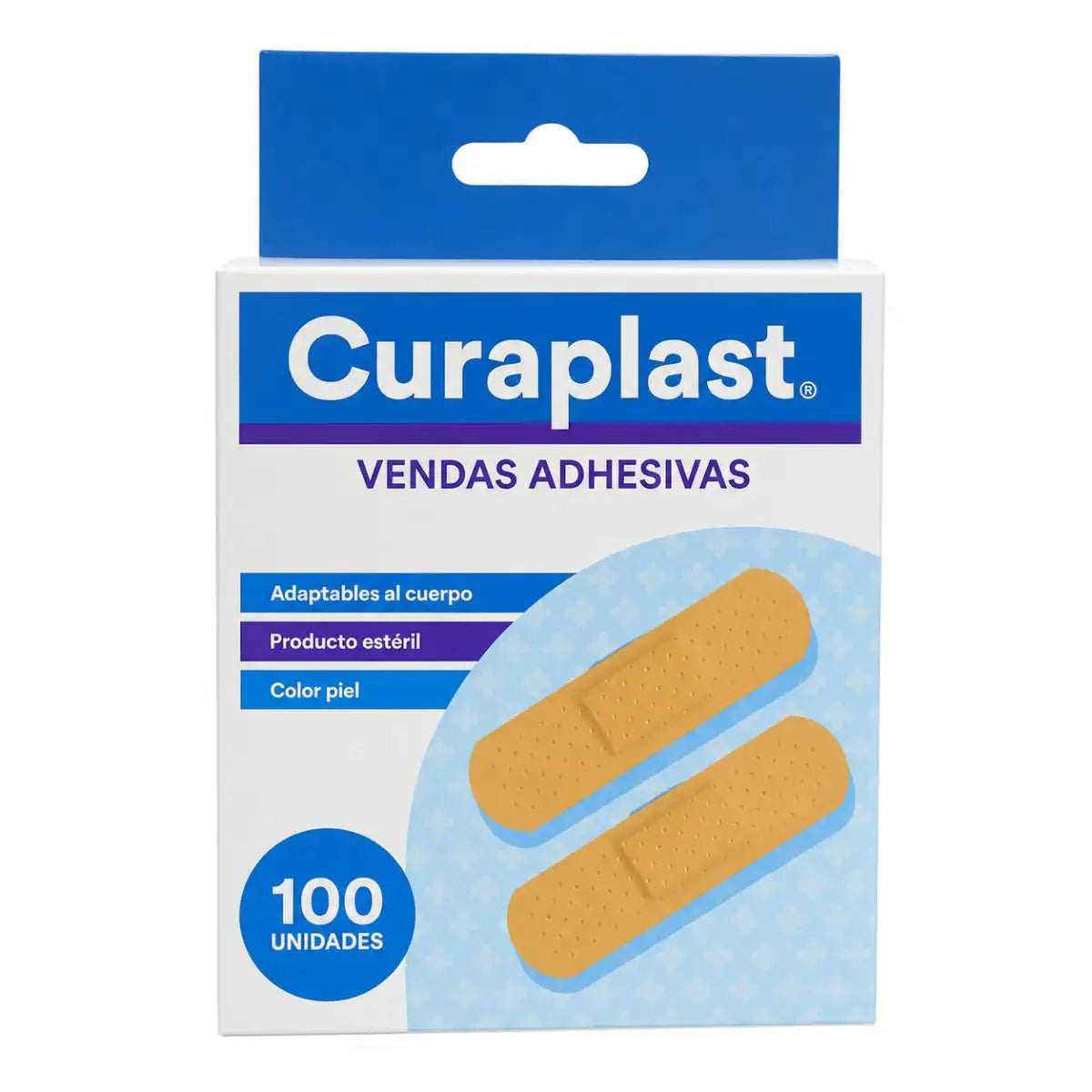 parche curita en caja de 100 unidades color piel y forma rectangular. marca curaplast de difempharma