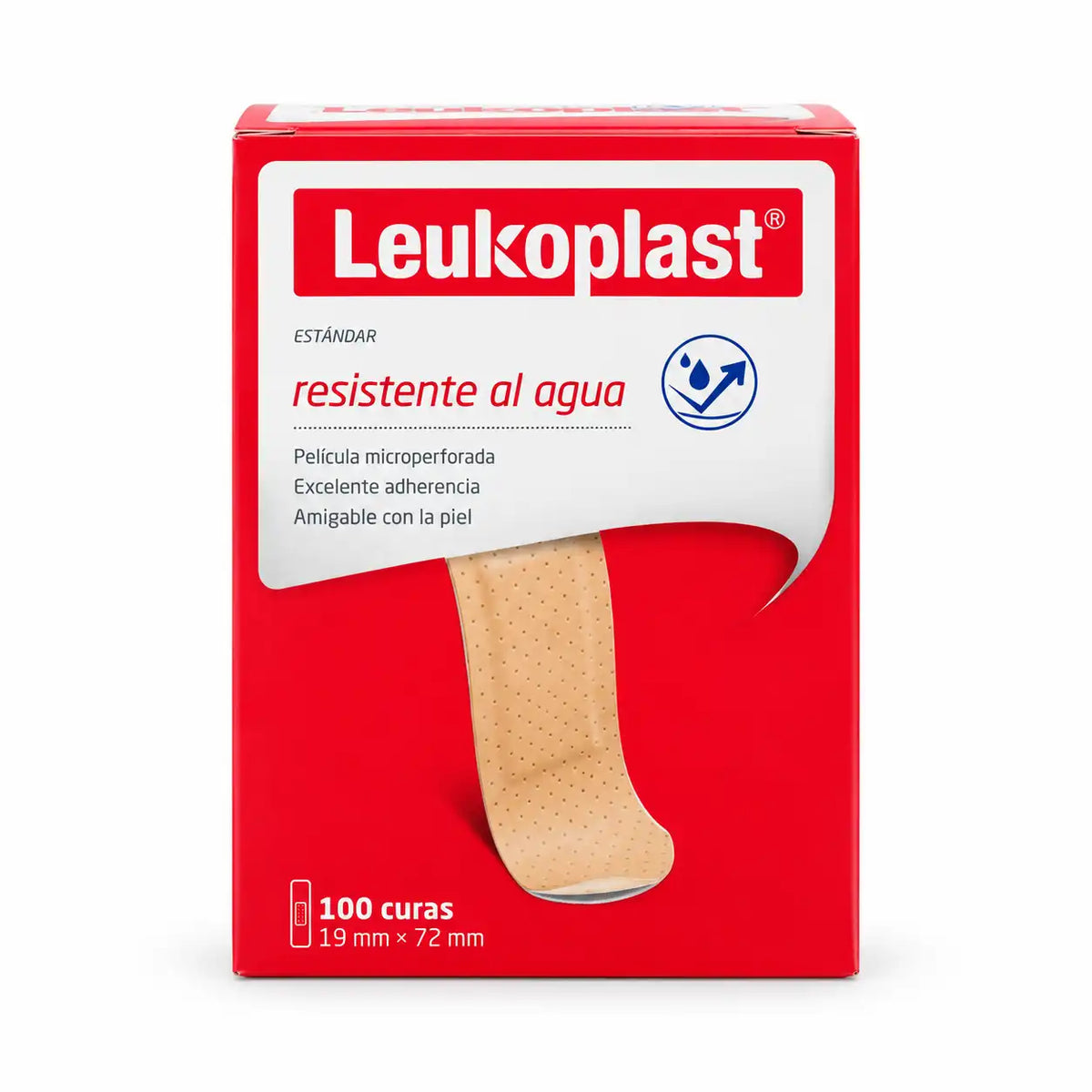 Curitas Leukoplast Estándar resistentes al agua — caja x100 unidades 19×72 mm vista frontal