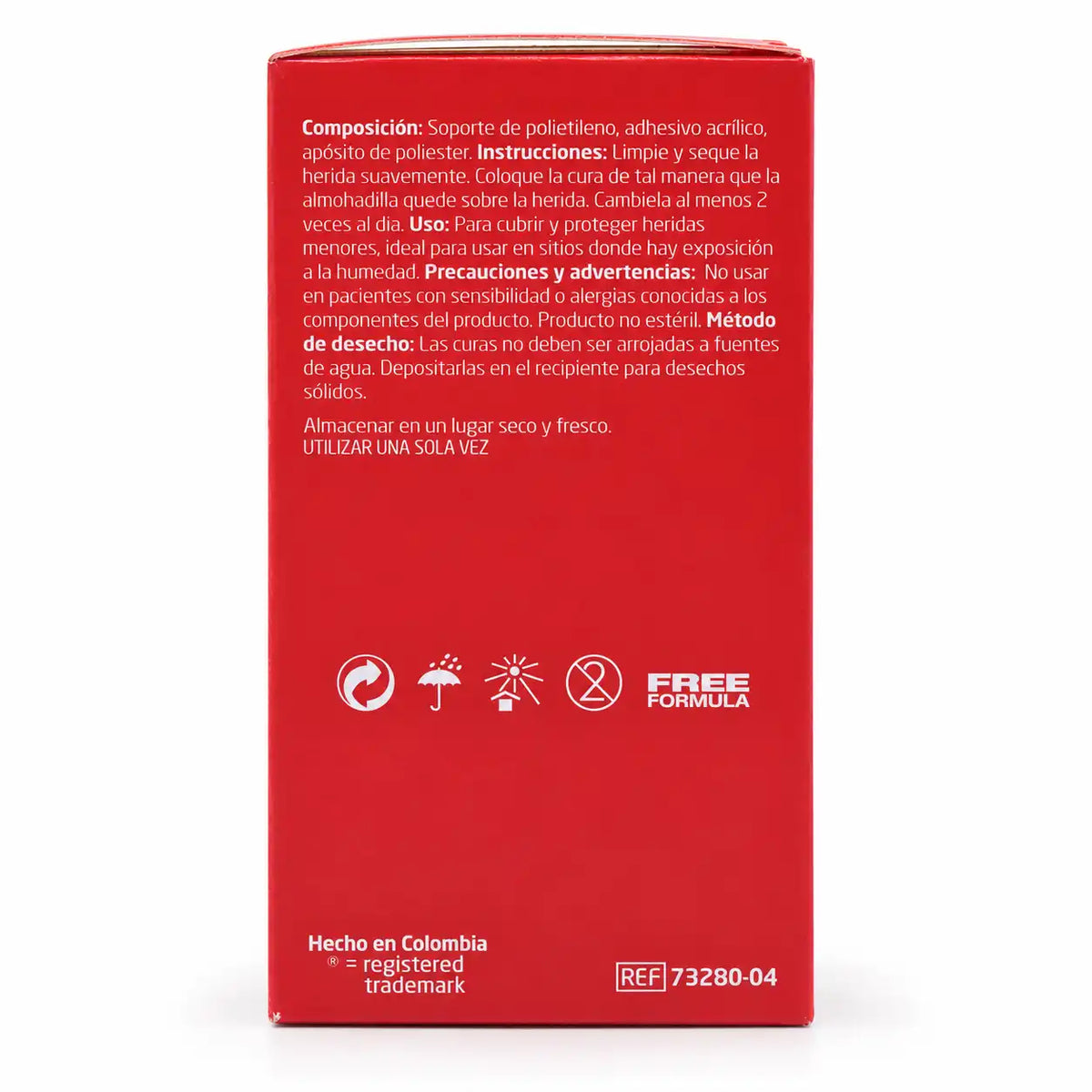 Caja curitas Leukoplast Estándar x100 — vista lateral con formato 19×72 mm y datos del producto
