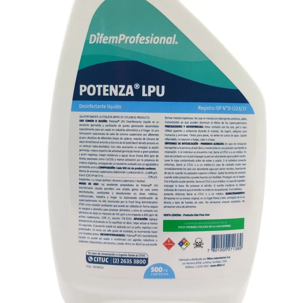 Detalle etiqueta Potenza LPU DifemProfesional — registro ISP D-1223/21 amonio cuaternario desinfectante