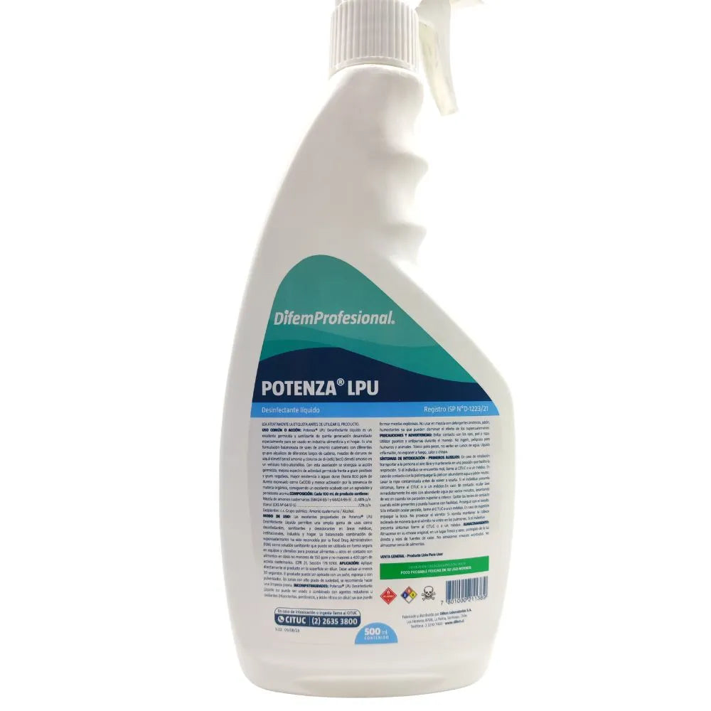 Potenza LPU DifemProfesional amonio cuaternario 5ta generación — envase 500 mL gatillo pulverizador