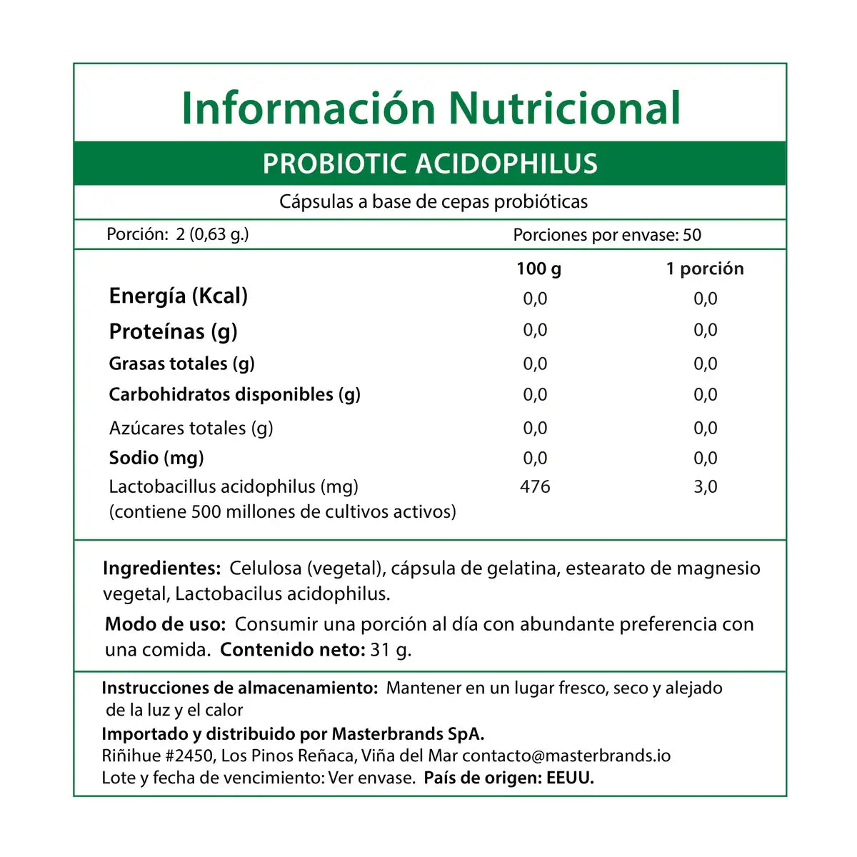 Información nutricional Probióticos Acidophilus Chile - 500 millones cultivos activos Lactobacillus 50 porciones 31g