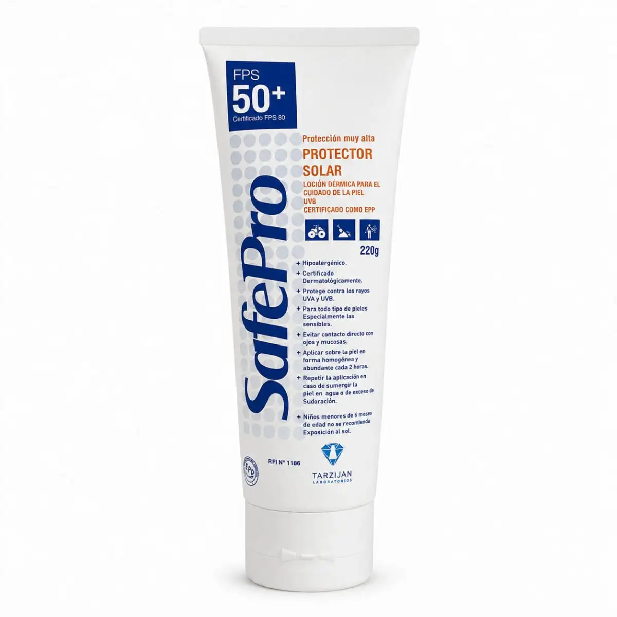 Protector solar FPS 50+ SafePro 220 g — tubo formato estándar