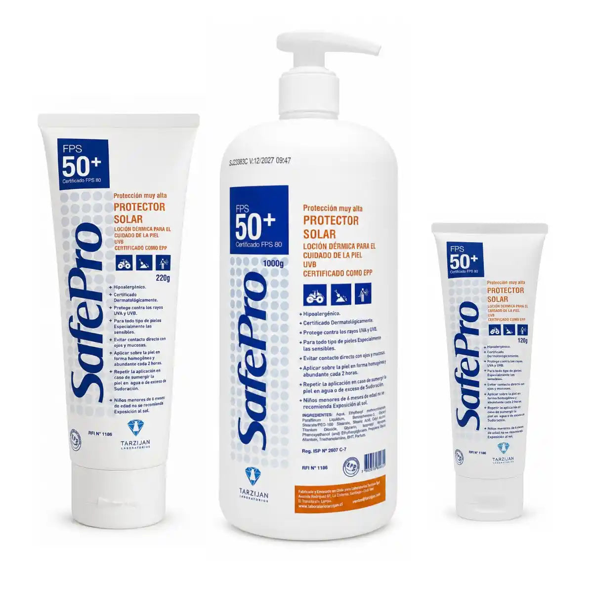 Protector solar FPS 50+ SafePro — línea completa en 120 g, 220 g y 1000 g