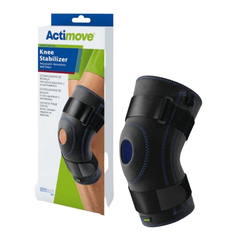 Rodillera estabilizadora Actimove, diseño con herradura ajustable y férulas laterales