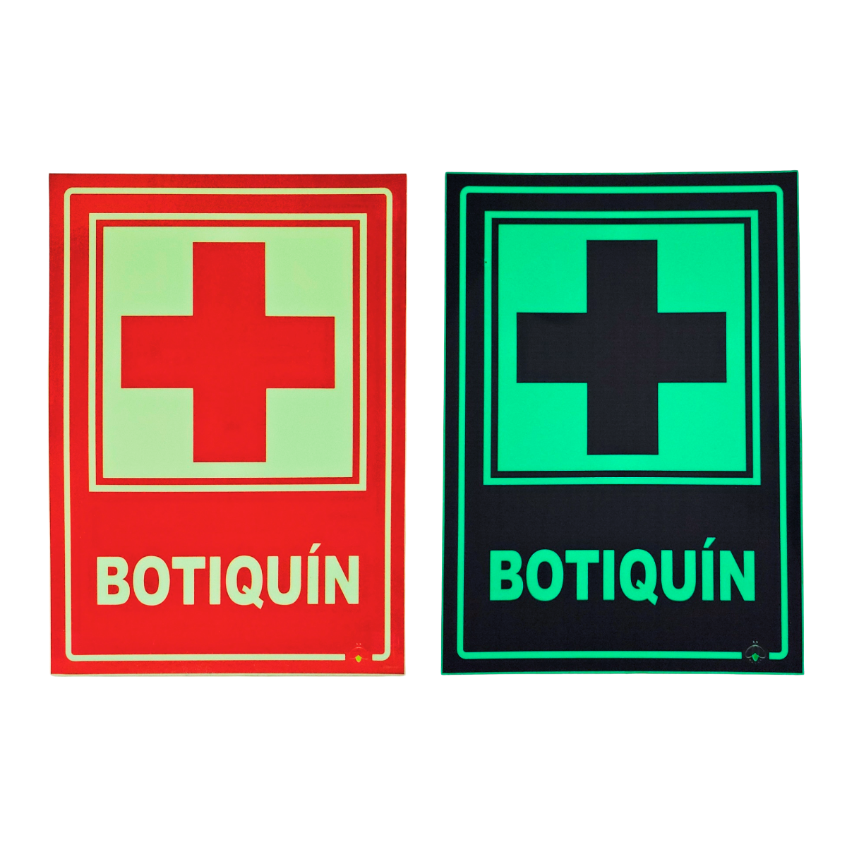 Comparativa de Señalética de Botiquín: versión diurna (rojo) y nocturna fotoluminiscente (verde) - Visibilidad 24 horas