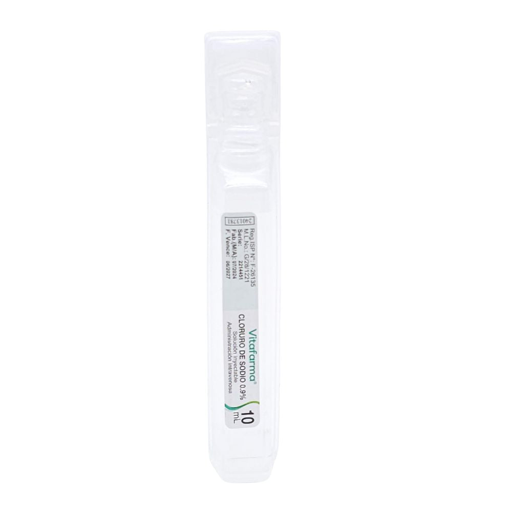 Suero fisiológico 0,9% cloruro de sodio 10 ml monodosis, ideal para botiquín y limpieza de heridas.