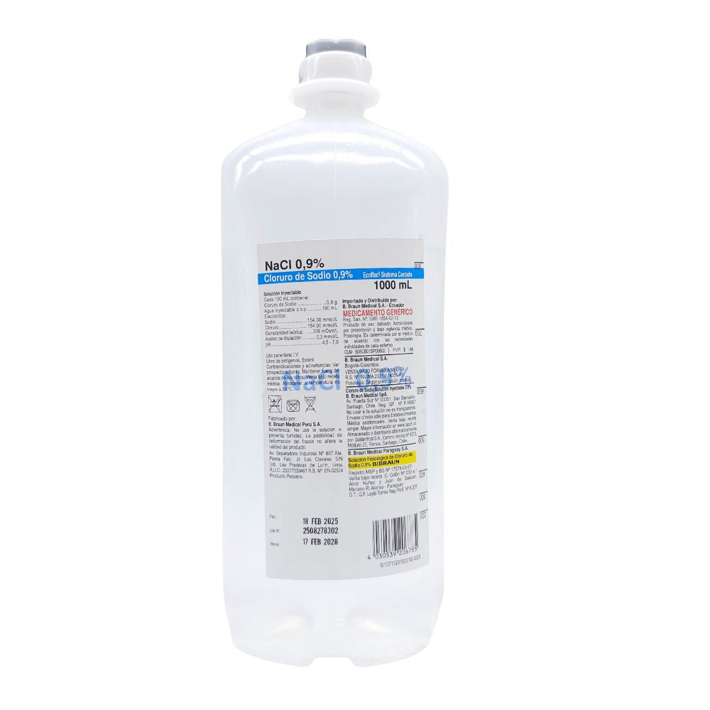 Suero fisiológico 0,9% cloruro de sodio 1 litro, botella estéril para primeros auxilios y lavado de heridas.