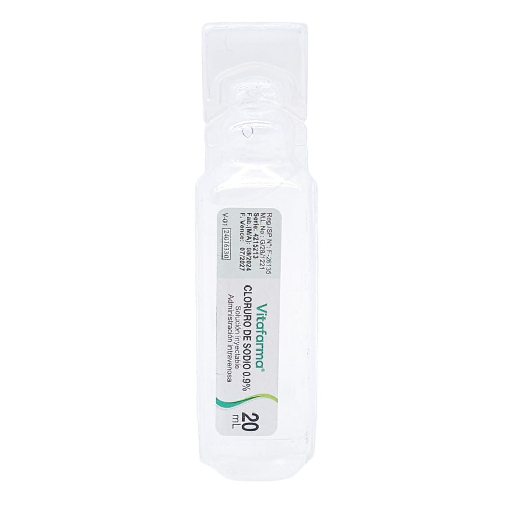Suero fisiológico 0,9% cloruro de sodio 20 ml monodosis, práctico para primeros auxilios y lavado de heridas.