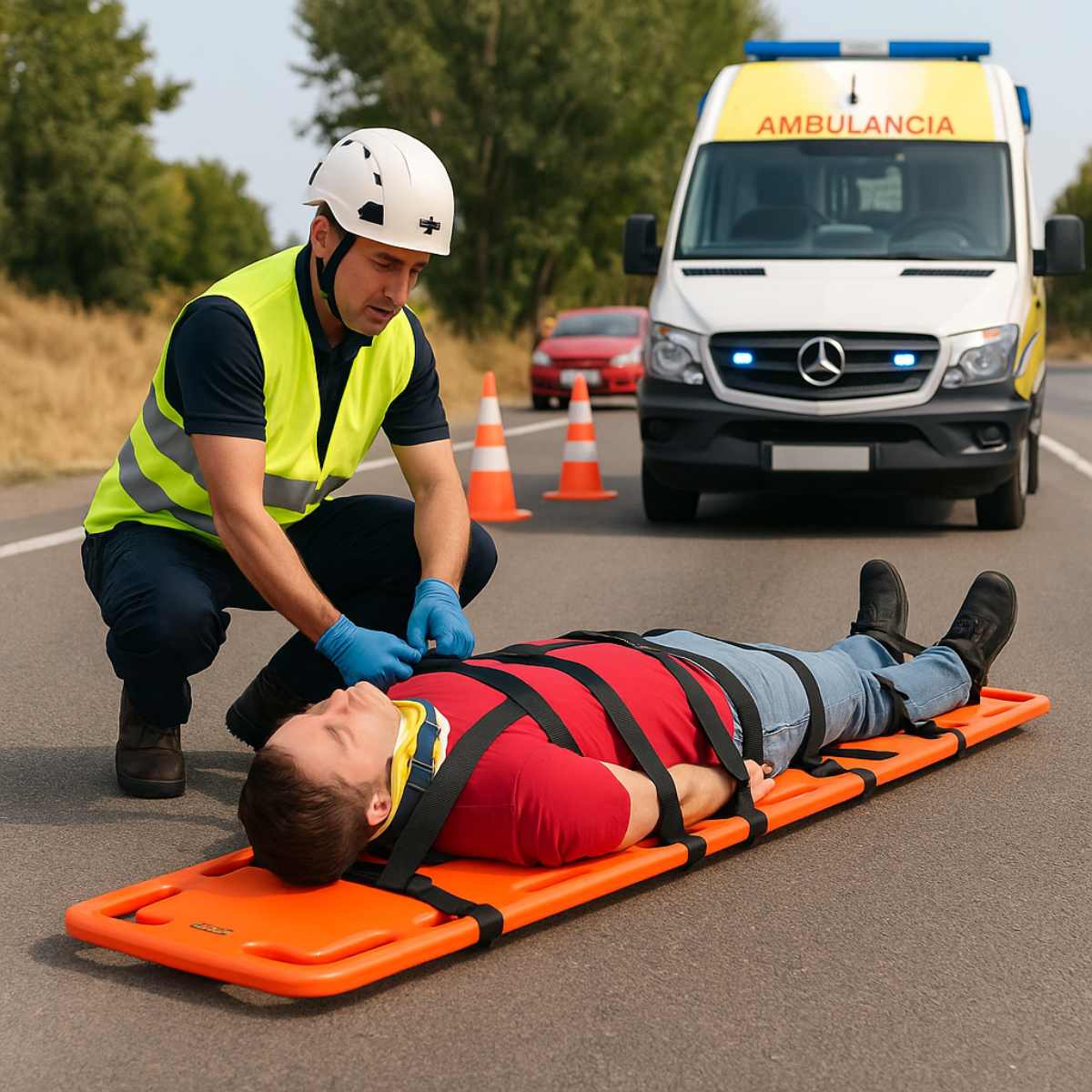 Tabla espinal rescate carretera uso real paramédico ambulancia accidente vial profesional - TuBotiquin Chile
