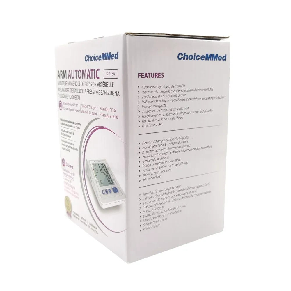 Tensiómetro digital de brazo BP118A ChoiceMMed con características y especificaciones técnicas en el empaque