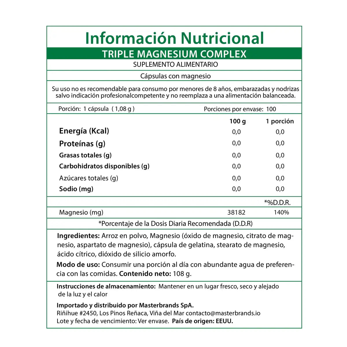 Información nutricional Triple Magnesio Chile - 420mg 140% DDR óxido citrato aspartato 100 porciones