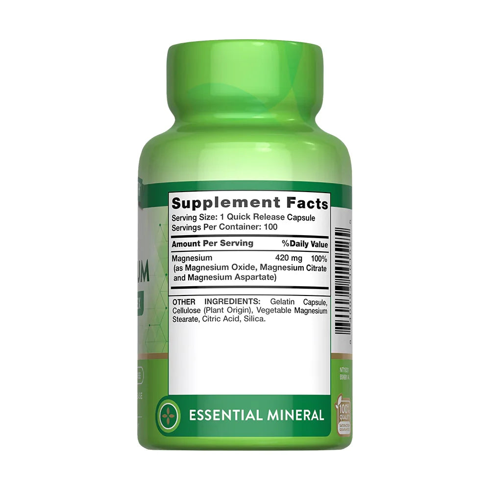 Tabla nutricional Triple Magnesio - 420mg 100% valor diario óxido citrato aspartato Essential Mineral