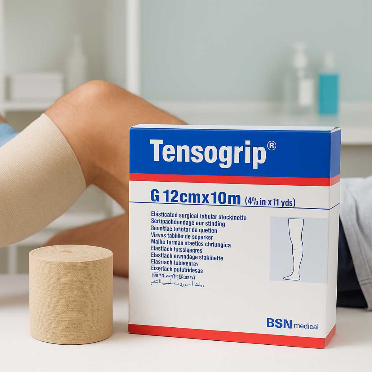 Aplicación clínica del vendaje tubular elástico Tensogrip® talla G en la pierna de un paciente. Se observa el producto desplegado, su caja original y un rollo sobre la mesa en un entorno médico limpio y profesional.