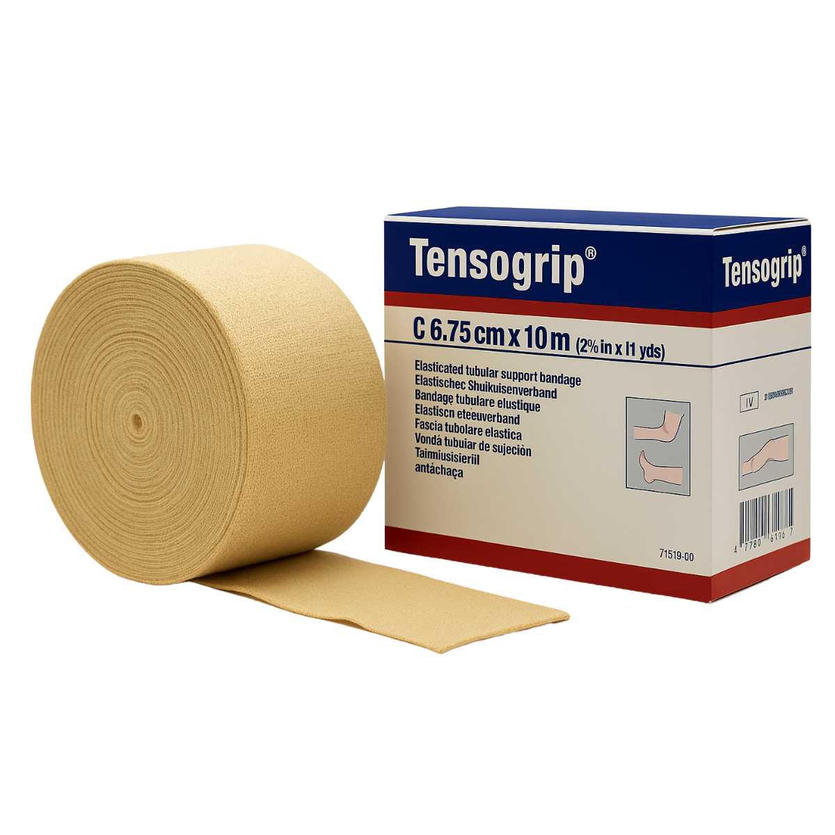 Imagen de un vendaje tubular elástico Tensogrip® tamaño C (6,75 cm x 10 m) junto a su caja original, sobre fondo blanco centrado. Ideal para compresión en brazos y tobillos.