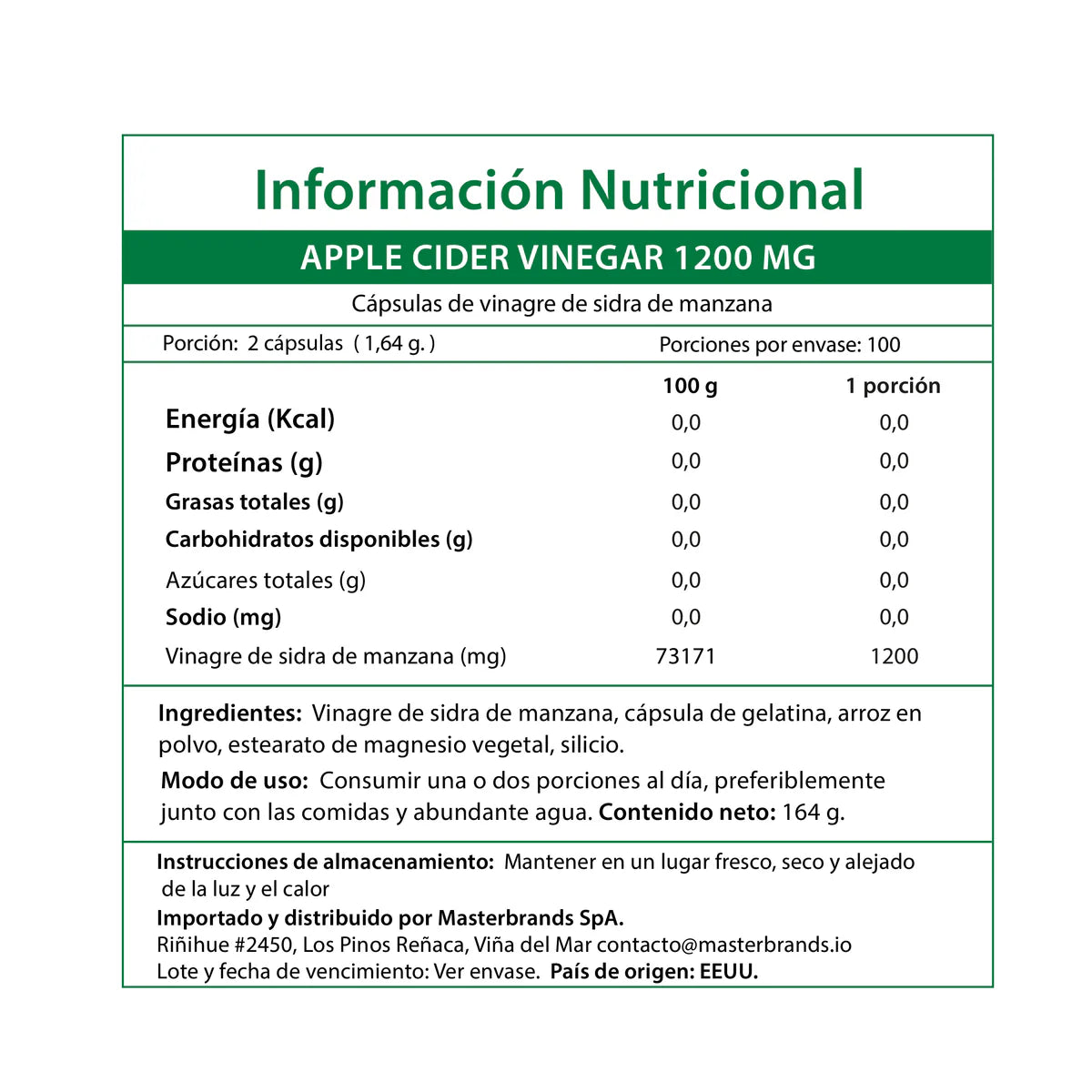 Información nutricional Vinagre de Manzana 1200mg - Tabla de suplemento alimenticio Nature's Truth