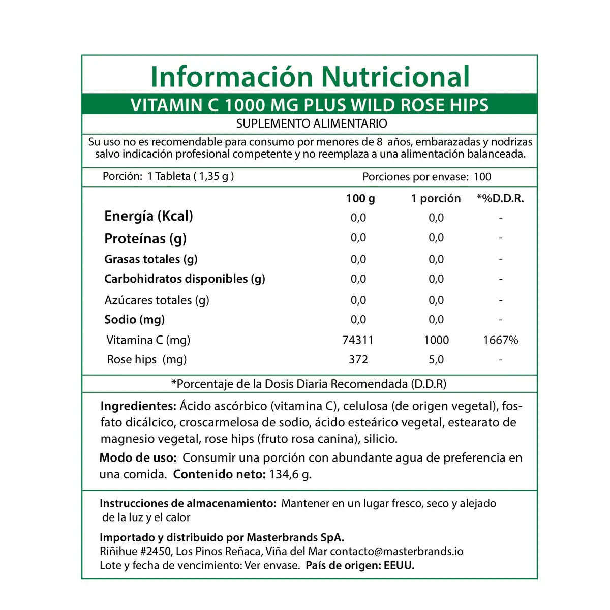 Información nutricional Vitamina C 1000mg con Escaramujo - Tabla en español para Chile 1667% DDR