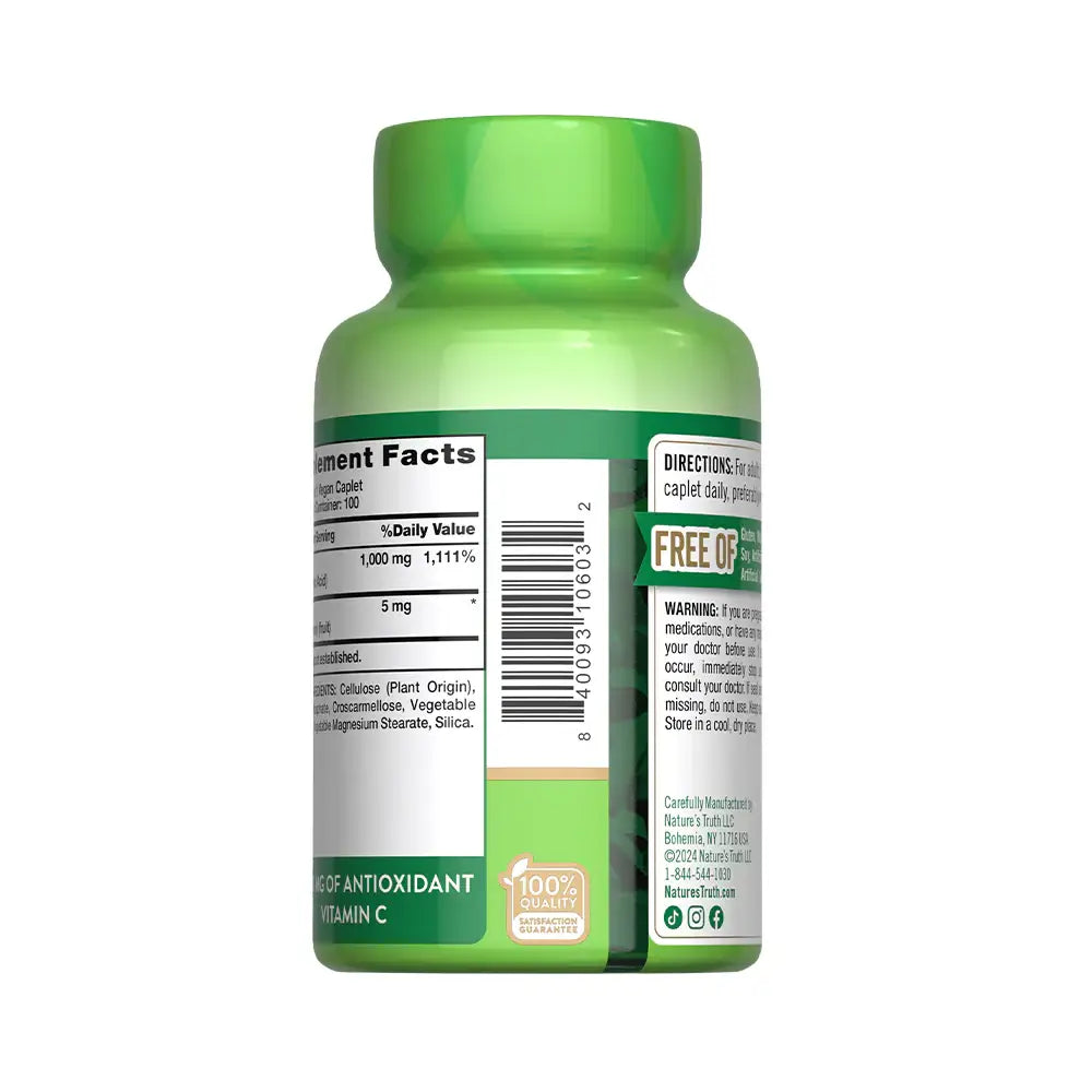 Tabla nutricional Vitamina C 1000mg con Rose Hips - Supplement Facts 1,111% valor diario y código de barras GTIN