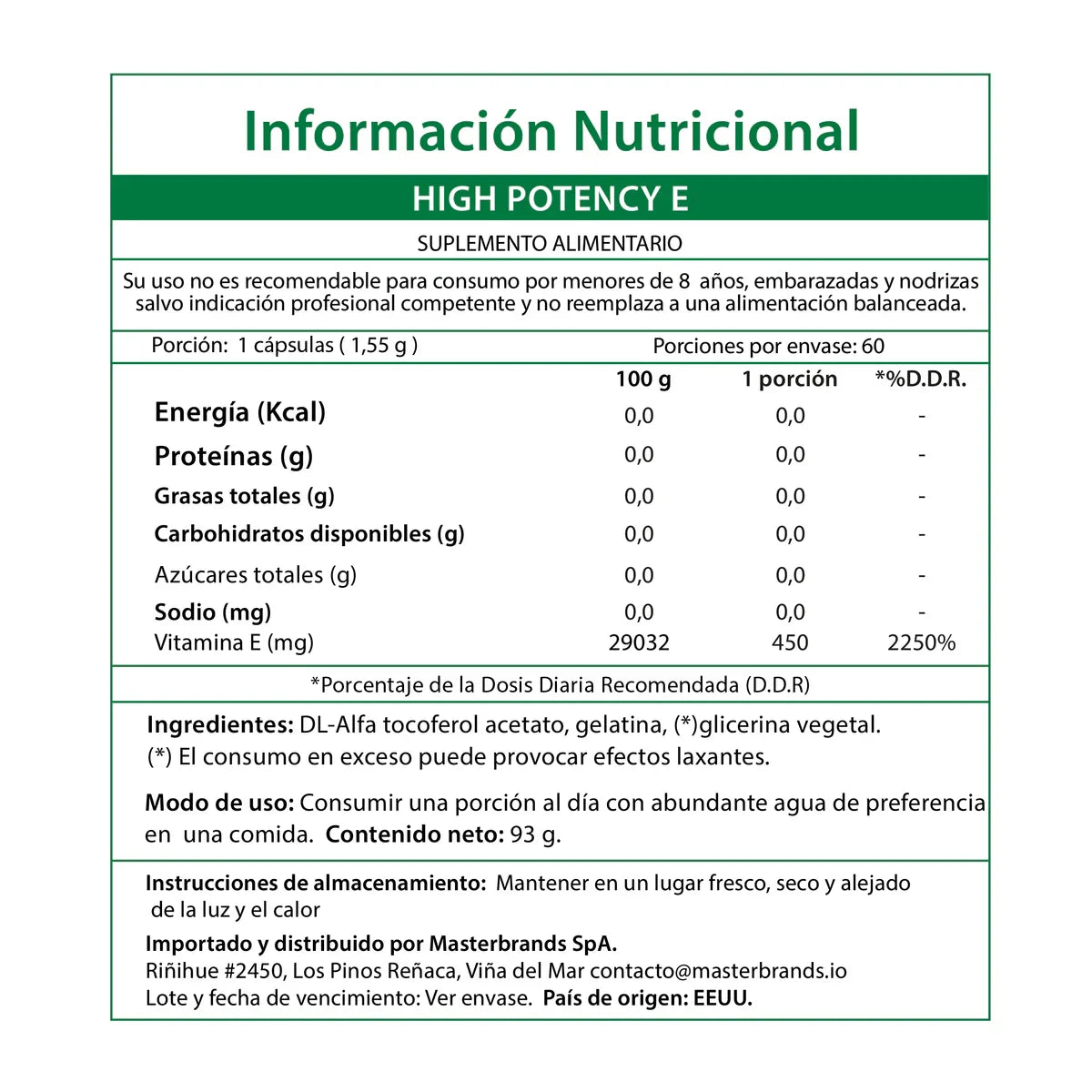 Información nutricional Vitamina E 450mg Chile - Tabla español 2250% DDR dl-alfa tocoferol acetato