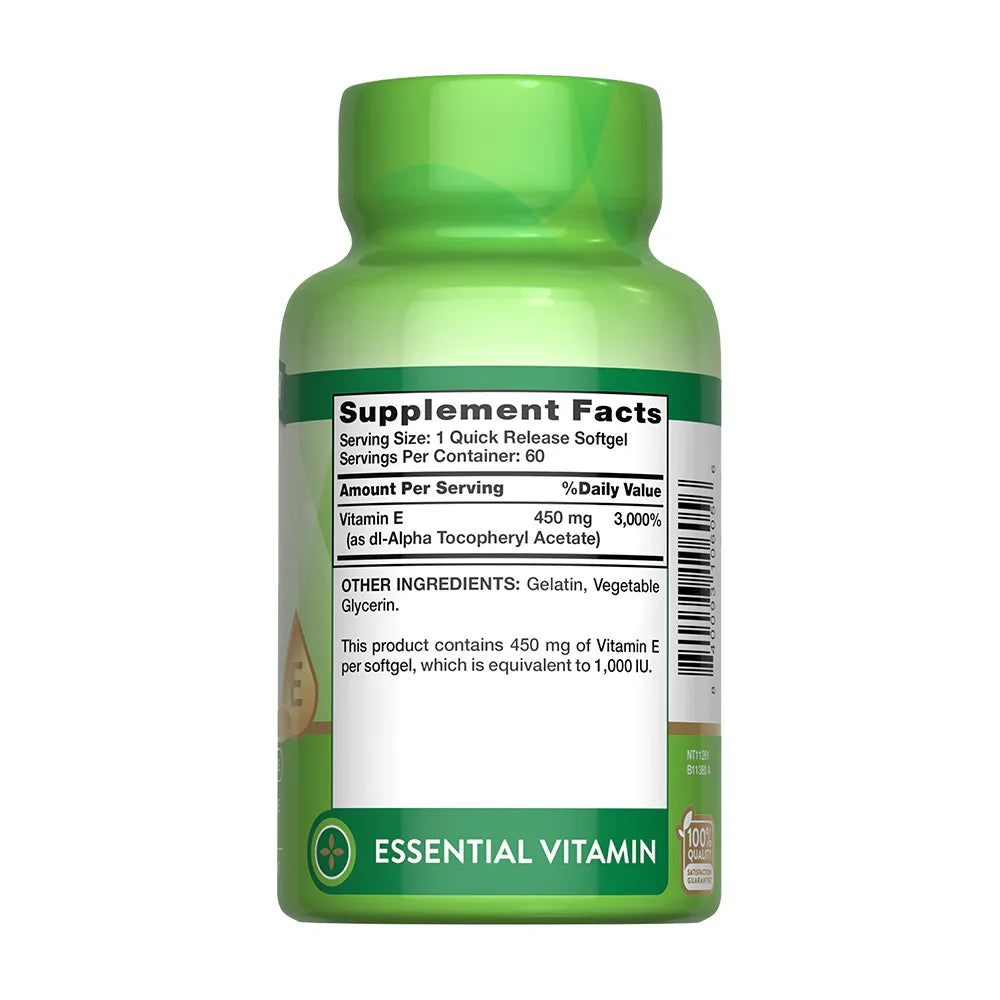 Tabla nutricional Vitamina E 450mg (1000 IU) - Supplement Facts dl-Alpha Tocopheryl Acetate 3000%