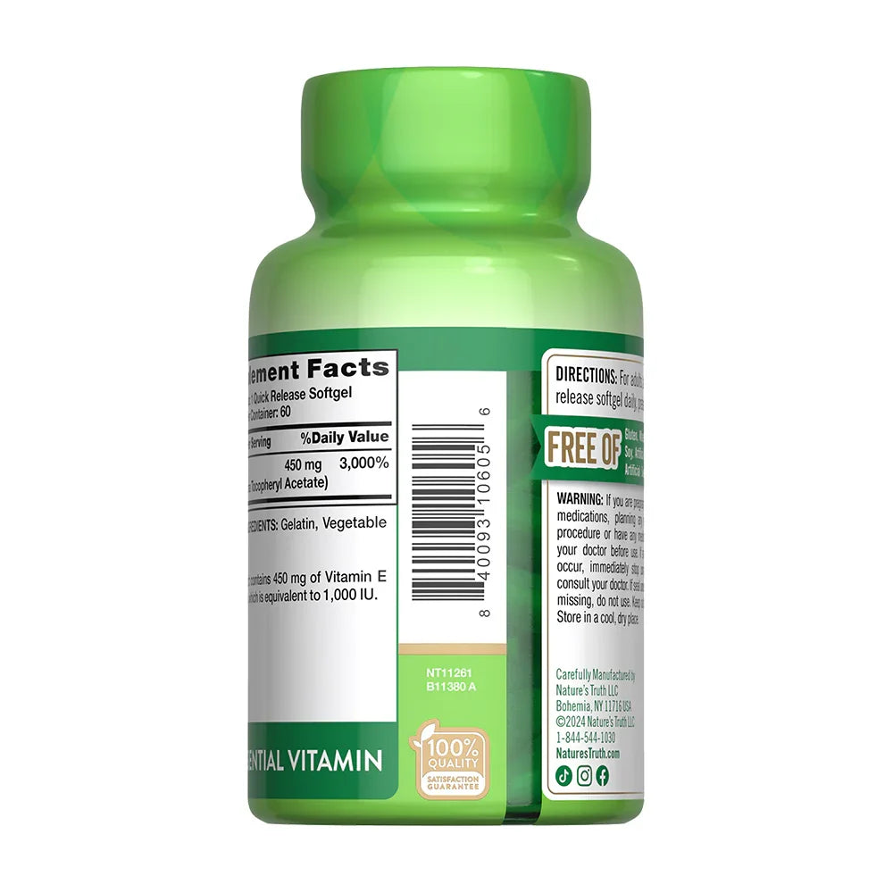 Etiqueta lateral Vitamina E 450mg Nature's Truth - Supplement Facts 3000% valor diario código NT11261
