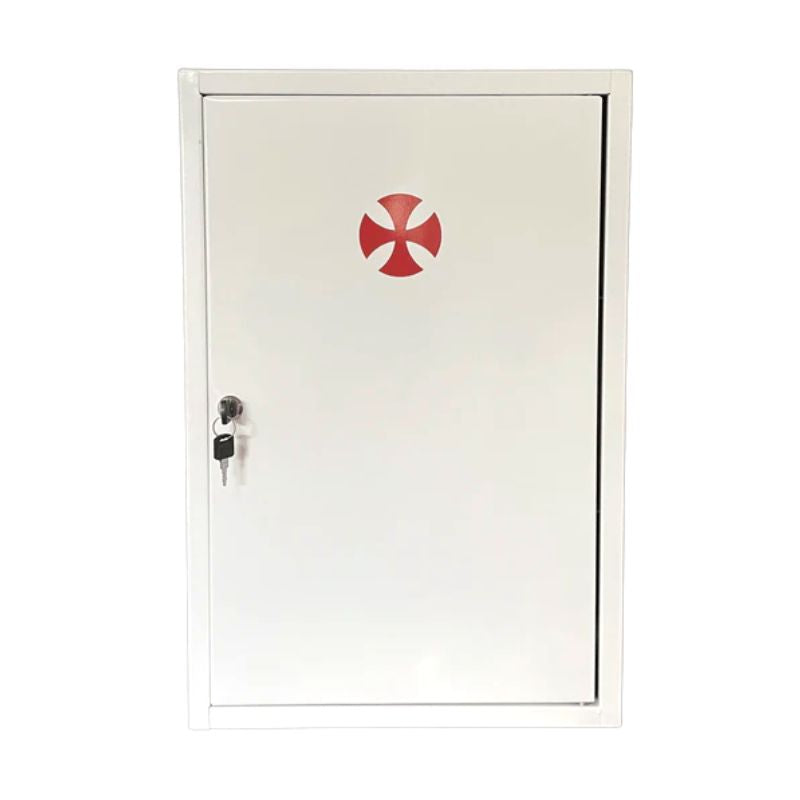 Botiquín primeros auxilios Mural de pared metálico blanco cerrado con cruz roja.
